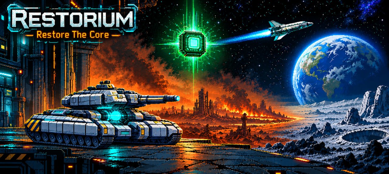 Restorium: a tank on a station deck, the burning ruins of Earth, the Moon, a shuttle and the glowing core chip